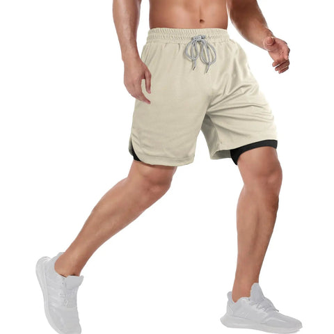 Men's 2 In 1 Running Shorts With Built In Liner Quick Dry Training Gear Zip Pockets And Towel Loop Lightweight in Khaki