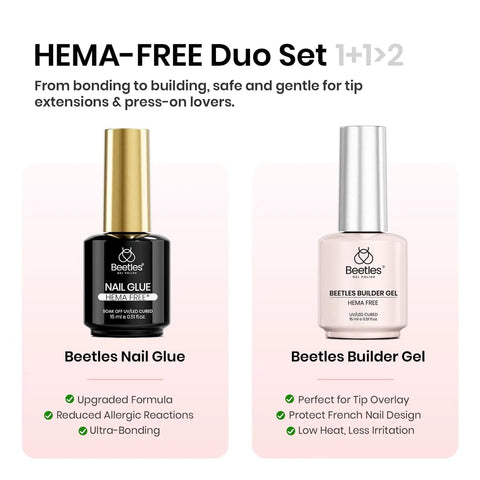 Two Piece 15ml HEMA Free Nail Glue And Builder Gel Set shown with black glue bottle and white builder gel bottle
