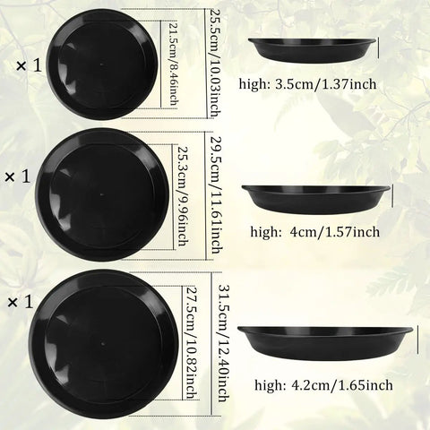 Three Size Reusable Mold Tray Set For Stepping Stones Soft Plastic Cement Molds showing three round black trays with dimensions.