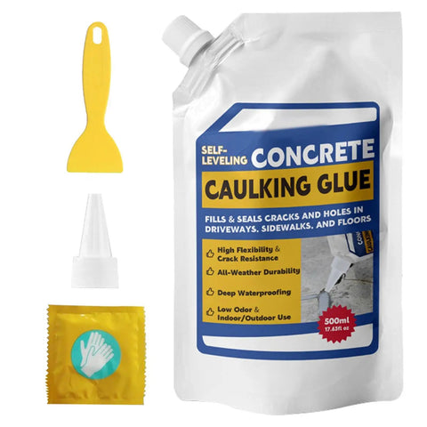 Professional Grade Concrete Caulk And Strong Cement Sealant Bonding Adhesive For Rapid Crack Filling That Sets Quick To Block Water Leaks And Keep Pavement Looking Rock Solid with applicator and gloves.