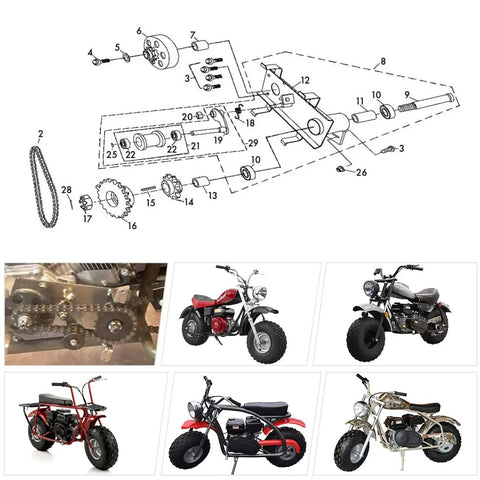 Beefy Heavy Duty Mini Bike Chain Tensioner with diagram and mini bike examples for Coleman CT200U, Baja Warrior, 196cc 200cc Powersports