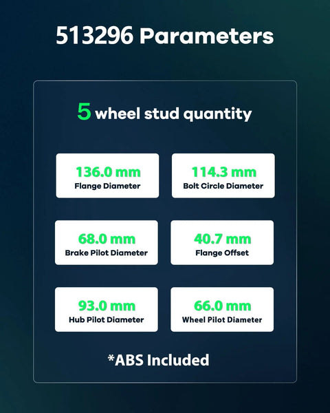 Diagram of front wheel bearing hub assembly parameters for Nissan, including flange, bolt, and pilot diameters with ABS included