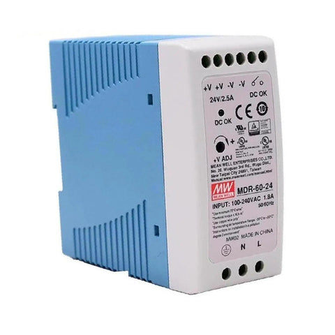 DIN Rail Power Supply 60 Watt 24 Volt 2.5 Amp Switching Regulator in compact design for industrial PLC panels.