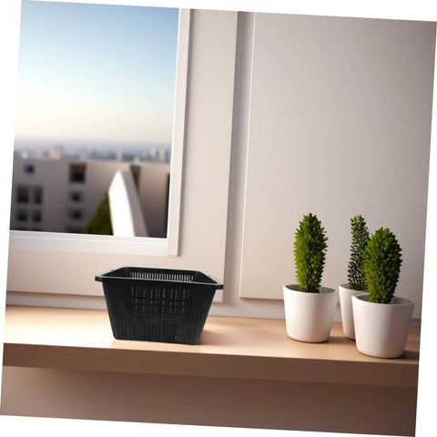 Hydroponic Net Pots And Mesh Grow Bags For Indoor Aquatic Plants, black perforated plant basket on a windowsill