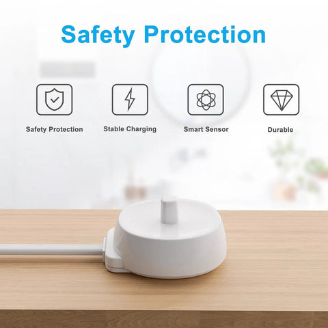 USB Replacement Charger For Electric Toothbrushes, Compatible With Pro 1000 3000 5000 IO Series 3 4 5 6 3757 Inductive Charging Base, IPX7 Waterproof, shown on a wooden surface.