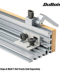 Close-up of aluminum T-track with multi track brackets and T-bolts for fences, featuring mounting knob screws in use