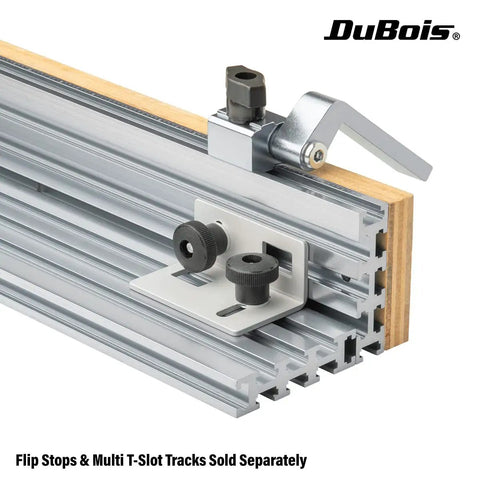 Close-up of aluminum T-track with multi track brackets and T-bolts for fences, featuring mounting knob screws in use