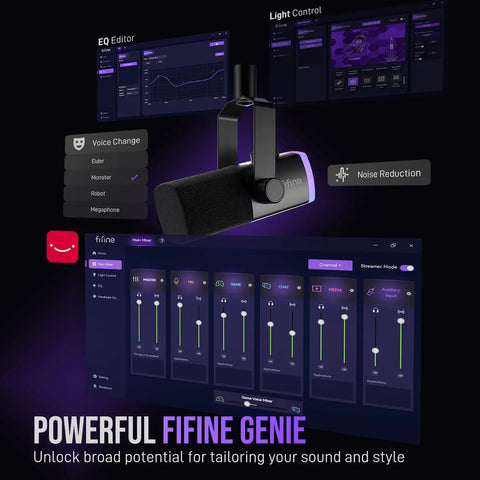 Gaming Microphone Kit For PC With XLR And USB Dynamic Mic Cardioid Mic Set Boom Arm RGB Lighting For Streaming And Podcasting Tap To Mute Mix Control And Headphone Jack For Crisp Clear Studio Quality Audio shown with software interface.