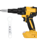 Heavy Duty Cordless Rivet Gun With Brushless Motor Delivers 2248 Lbs Of Raw Power And Fast Automatic Function Featuring Built Led Light, Auto Reverse Mode, And Compact Portable Design For Professional Job Site Metalworking Projects Without Cord Hassle. yellow cordless rivet gun with battery base and rivets