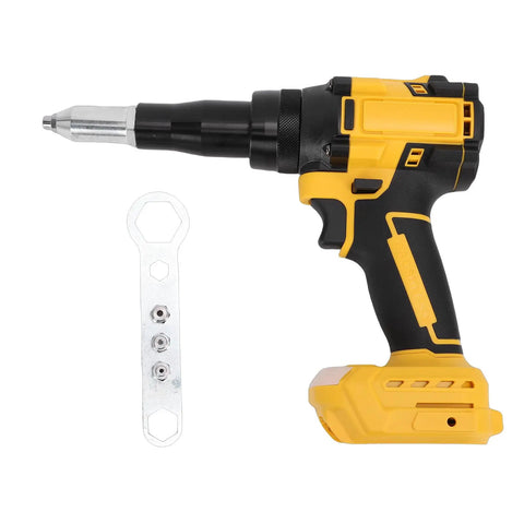 Heavy Duty Cordless Rivet Gun With Brushless Motor Delivers 2248 Lbs Of Raw Power And Fast Automatic Function Featuring Built Led Light, Auto Reverse Mode, And Compact Portable Design For Professional Job Site Metalworking Projects Without Cord Hassle. yellow cordless rivet gun with battery base and rivets