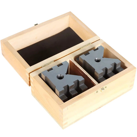 Beefy Four Piece V Block Set With Clamps In Wooden Case For Real World Machining Pro Grade Hardened Steel, open case