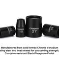 1/2 Inch Drive Shallow Impact Socket Set, Metric 10mm To 32mm, CR-V Steel, 6 Point, showing 10mm, 15mm, 19mm, 27mm sockets