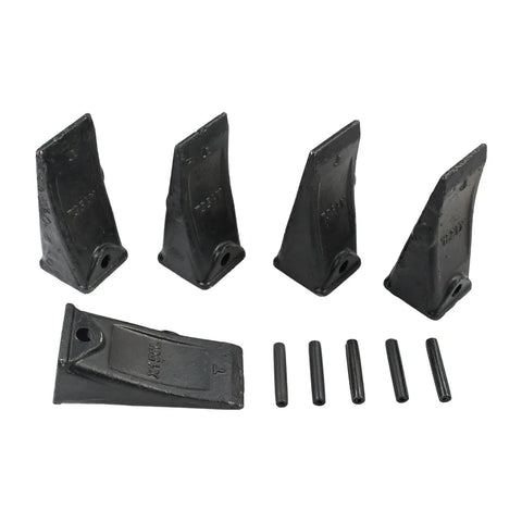 5X X156L Bucket Teeth Kit With 156LPN Long Pins For 156 Series Excavators And Skid Steers Beefy Teeth And Adapters TX156 6716001 1914210182 Compatible With Backhoes Mini Excavators And Tractor Style Machines, showing side view of black teeth and pins on white background