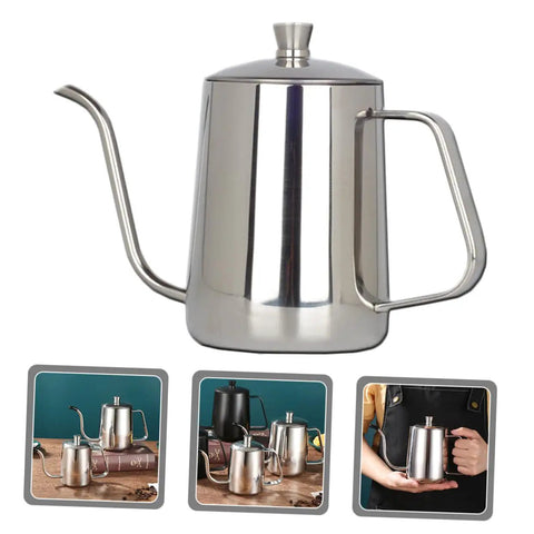 Smooth Pour Long Spout Coffee Kettle With Lid Stainless Steel Tea Pot For Home Office Brewing Gear Non Drip Design, side view.