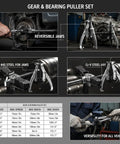 Image showing heavy duty gear puller set with 2 and 3 jaw configurations, featuring #45 steel and Cr-V steel, used on vehicle components.
