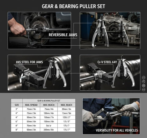 Image showing heavy duty gear puller set with 2 and 3 jaw configurations, featuring #45 steel and Cr-V steel, used on vehicle components.