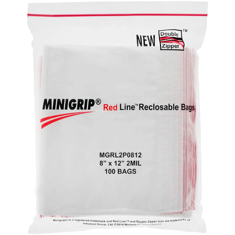 Red Line 8x12 Inch 2 Mil Zipper Reclosable Bags Pack Of 100 Clear Poly Storage Bags For Food Snacks Photos Documents Crafts And Organization Safe LDPE Durable, front view