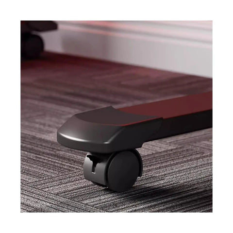 Close-up of the swivel casters on the electric rolling standing desk, showcasing mobility features. Level Up Your Workspace With This Electric Rolling Standing Desk Featuring Rapid Dual Motor Height Memory Settings Pro Grade Double Layer Gaming Top And Swivel Casters For Stress Free Office Flex.