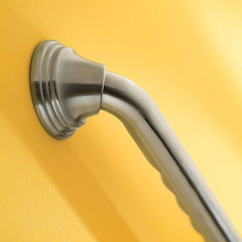 Heavy Duty 16 Inch Bathroom Grab Bar With Curled Grip In Brushed Nickel Finish on yellow wall for safe bathroom access