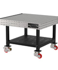Heavy Duty Welding Fixture Table 48 By 48 By 36 Inches with laser cut surface, bottom shelf, and swivel casters.