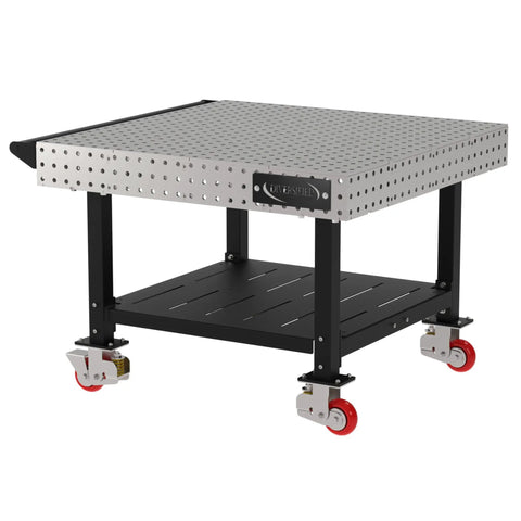 Heavy Duty Welding Fixture Table 48 By 48 By 36 Inches with laser cut surface, bottom shelf, and swivel casters.