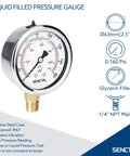 Glycerin Liquid Filled Air Pressure Gauge, 0-160 Psi, 2.5 Inch Dial, One Quarter Inch NPT Lower Mount, Stainless Steel Case
