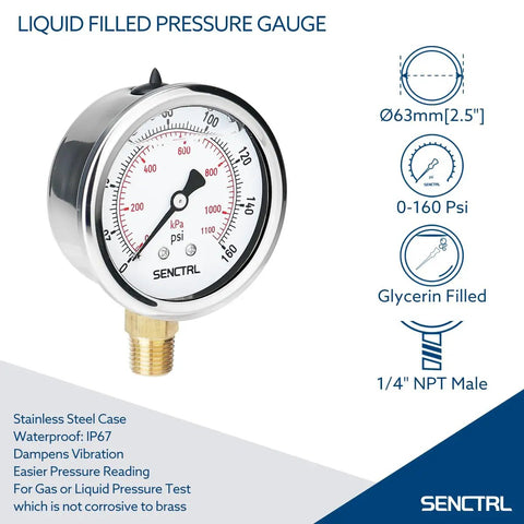 Glycerin Liquid Filled Air Pressure Gauge, 0-160 Psi, 2.5 Inch Dial, One Quarter Inch NPT Lower Mount, Stainless Steel Case