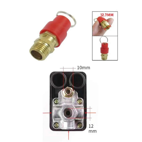 Air Compressor Pressure Switch Control Valve With One Quarter Inch PT Thread And Safety Relief Valve, Replacement Parts 90 To 120 PSI, 4 Port, 240V Auto On Off with red switch, dimensions shown