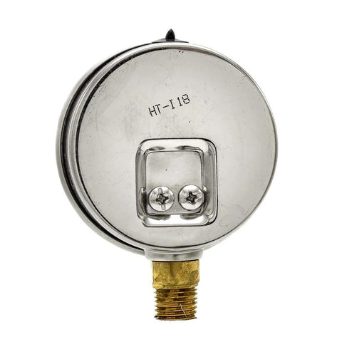 Rear view of 2.5-inch stainless steel pressure gauge with brass 1/4 in NPT bottom connection