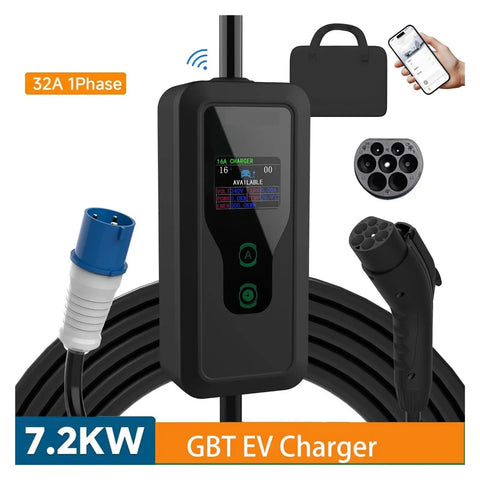 Hella Fast Portable EV Charger With Slick Wall Mount Build And Smart App Control Delivers Heavy Duty 7KW 32A Level 2 Charging For NACS Tesla Or Type 1 Type 2 Cars No Sweat On Road Trips, showing display, cable, and smart app control features.