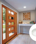Slick 4 Inch Led Ceiling Light Low Profile Surface Mount Downlight Wet Rated Matte White Trim in modern entryway.