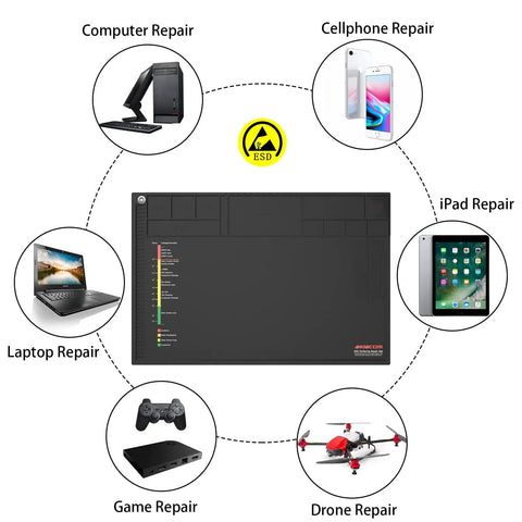 18x12 Inch ESD Silicone Soldering Mat Anti Static Repair Work Surface Kit with icons for electronics repair use cases