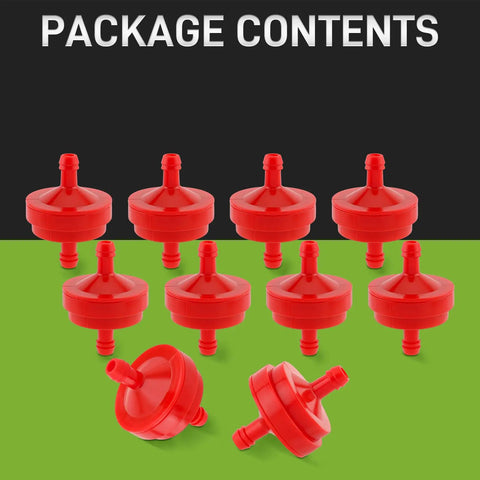 10 Pack Inline Gas Fuel Filters For Lawn Mower Quarter Inch ID 150 Micron Red Replacement Filters layout