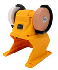 Cordless Mini Bench Grinder Featuring A Rugged Abs Shell Slick One Handed Setup And Compact Form For Hassle Free Metal Polish And Blade Sharpening Any Time, yellow body with dual grinding wheels.