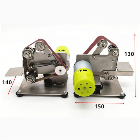 Mini Electric Belt Grinder Machine Sharpener And Polisher Tool Ideal For Metalworking Projects shown from the side, demonstrating compact design.