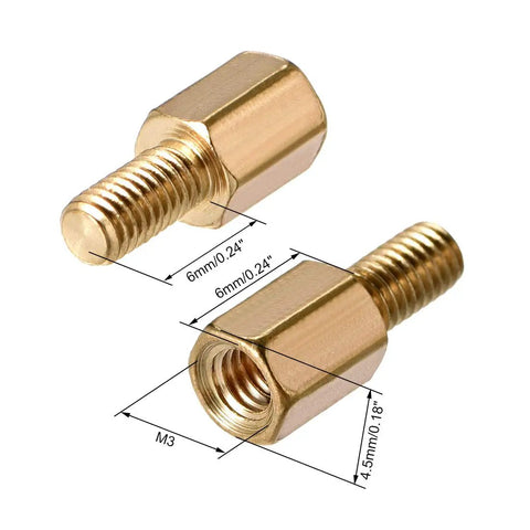 Top Shelf M3 Brass Hex Standoff Spacer Screws And Circuit Board Pillar Hardware With Female Male Threads showing 6mm and M3 dimensions.