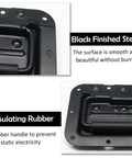 Close-up of Two Pack 6.34 Inch Recessed Spring Loaded Chest Handles with rubber grip, black iron, anti-rust coating, shown from top angle