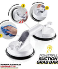 Non Slip Grippy Shower Chair With Suction Grab Bar And Suction Cup Head Holder Back Scrubber Sponge Tool 8 Adjustable Heights Portable Bath Chair For Elderly Set Of 5 showing powerful suction grab bar detail.