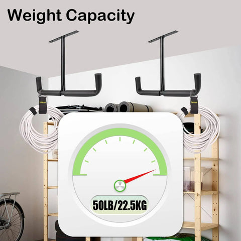 Beefy Heavy Duty Overhead Garage Storage Rack Set Of 2 With Ceiling Mount Hanger Hooks for bulky items, ladder shown.