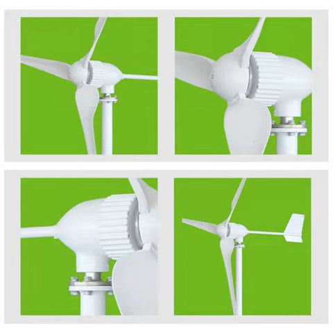 Wind turbine generator with 3 white nylon blades, collage shows front, side, close-up hub, and tail views