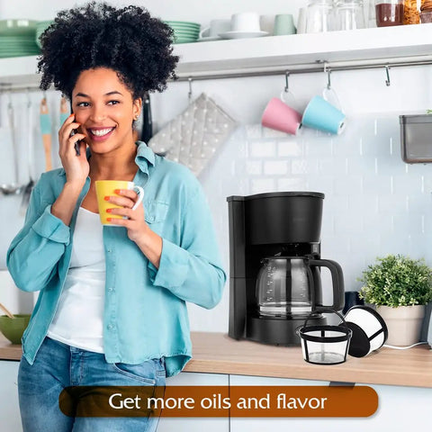 Four Pack Reusable Coffee Filters for 4-5 cup coffee makers with a woman holding a mug in kitchen next to coffee maker