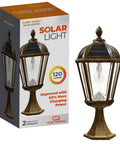 Baytown Solar Outdoor Light With Pole Pier And Wall Mount Kit in brown finish, 120 lumens, DIY setup shown on box and product.