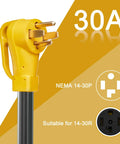 Close-up of yellow 30A plug for 25 Foot EV Charger Adapter Cord 30 Amp Dryer Plug to 50 Amp RV Outlet NEMA 14-30P to 14-50R