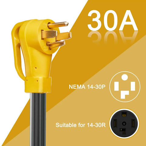 Close-up of yellow 30A plug for 25 Foot EV Charger Adapter Cord 30 Amp Dryer Plug to 50 Amp RV Outlet NEMA 14-30P to 14-50R