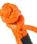 Close-up of Go-To Lightweight Soft Shackle Set 1/2 Inch By 24 Inch Recovery Shackles, UHMWPE fiber, orange with sleeve detail.