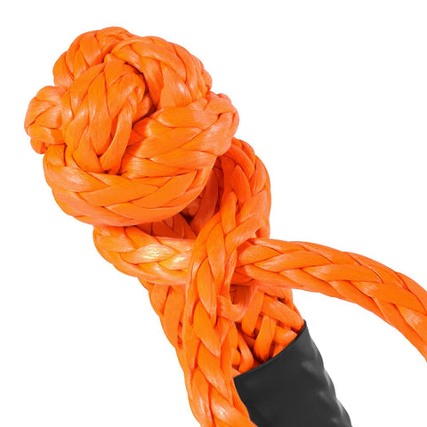 Close-up of Go-To Lightweight Soft Shackle Set 1/2 Inch By 24 Inch Recovery Shackles, UHMWPE fiber, orange with sleeve detail.