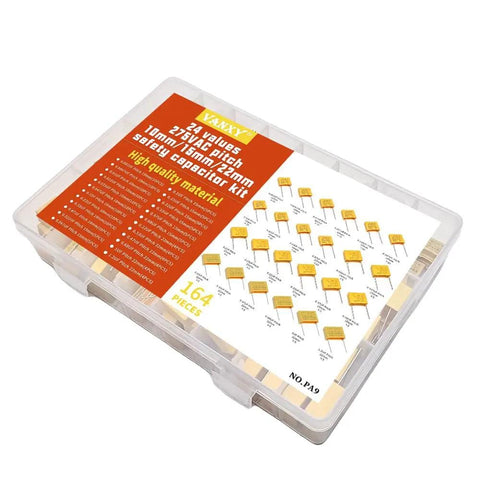 24 Value Safety Capacitor Kit For DIY Nerds With 164 Pieces MKP Film Capacitors For 275VAC Quick Access Plastic Case With Sticker Labels 0.001UF To 1.2UF Polypropylene Film Capacitors in labeled box