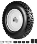 Front view of 4.80/4.00-8 solid wheelbarrow tire on white hub with bearings and spacers
