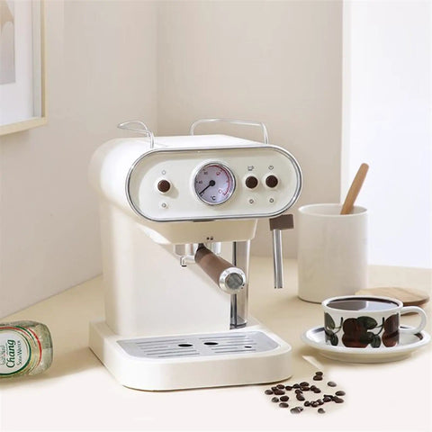 Retro Semi Automatic Electric Coffee Maker Featuring Adjustable Steam Wand Plus Durable Glass Carafe with coffee cup and beans