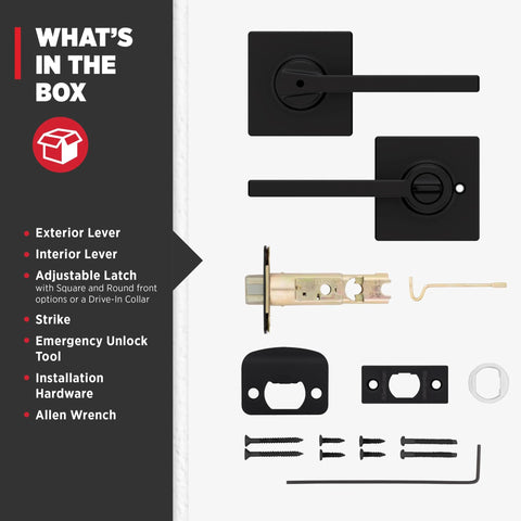 Components of Casey Interior Privacy Door Lever With Lock For Bathroom And Bedroom Matte Black Reversible Turn Lock With Inside Release Tool displayed.